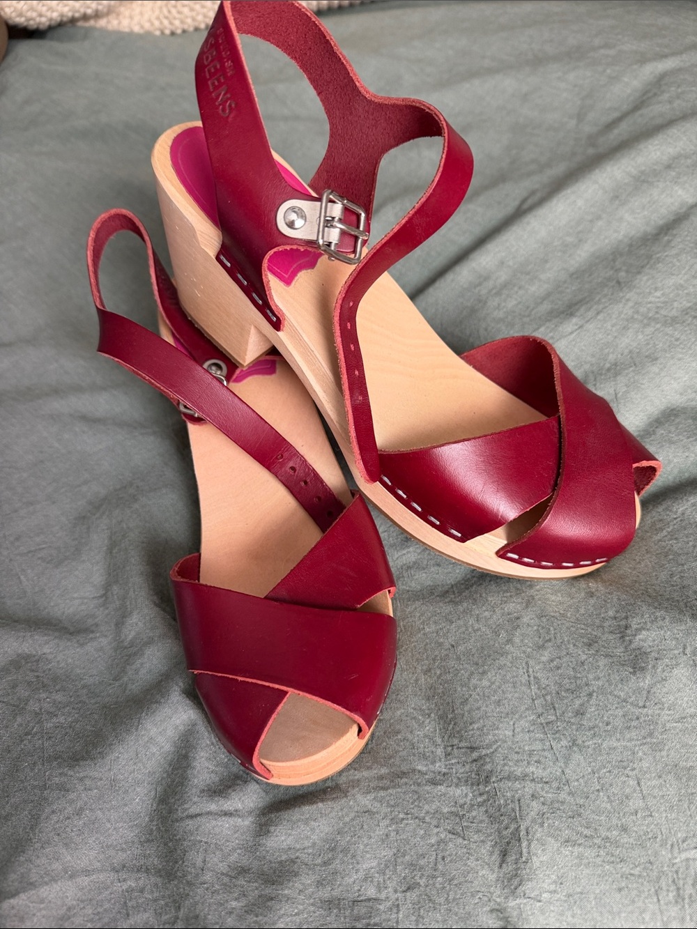 Swedish Hasbeens Burgundy Leather Wedge Clogs